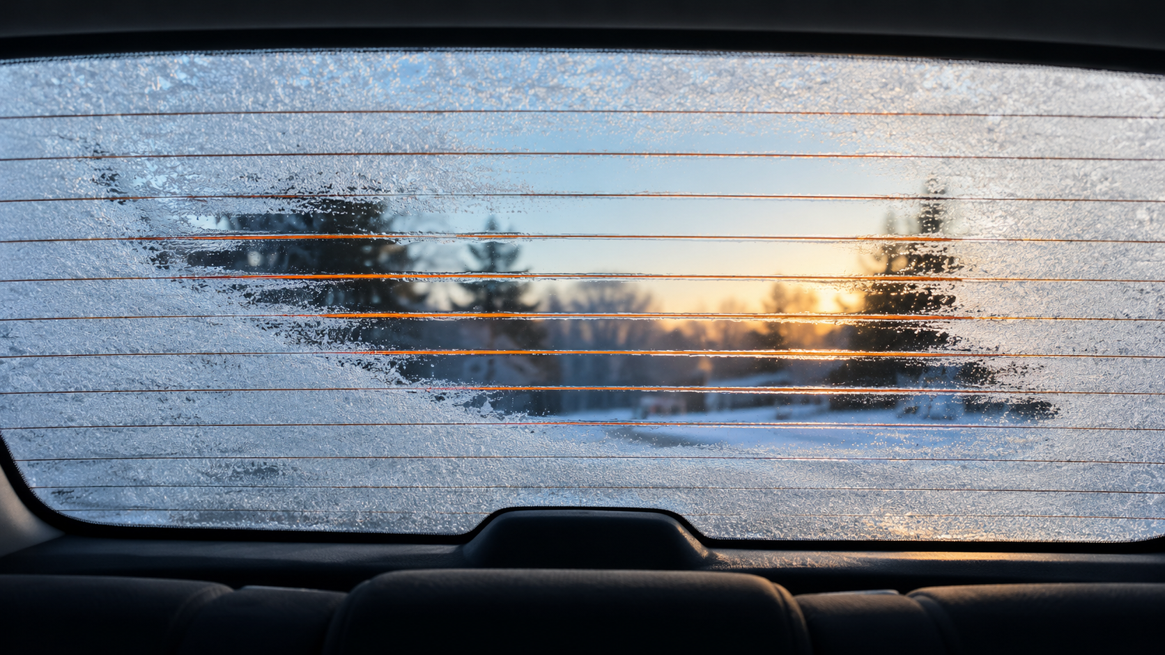 Frosted rear windshield on a car at dawn during a Northeast Ohio winter