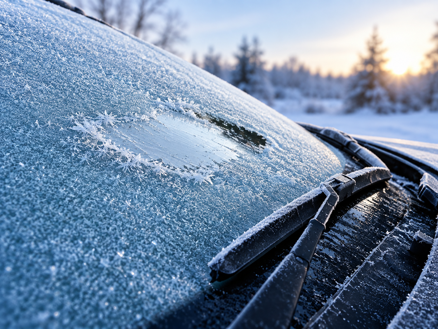 Frosted windshield at sunrise on a winter morning in Northeast Ohio